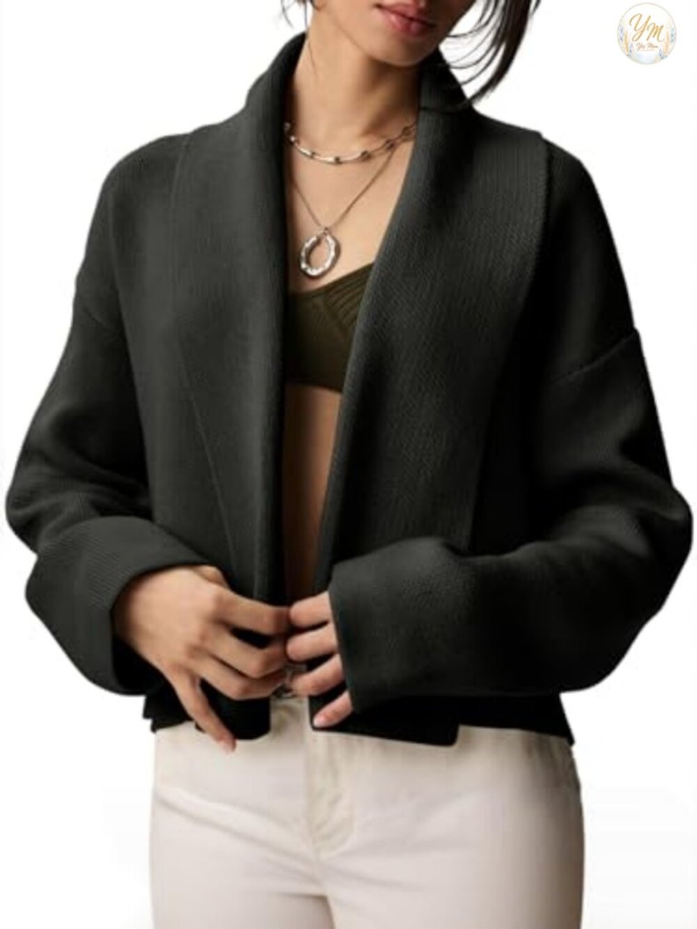 Saodimallsu Cropped Cardigan Sweater Formal Shawl Collar Open Front